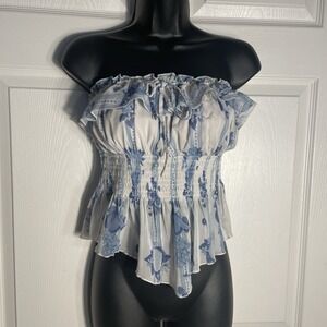 Kimchi Blue Clarabella Tube Top Women S White Blue Motif Print Ruffle Asymmetric
